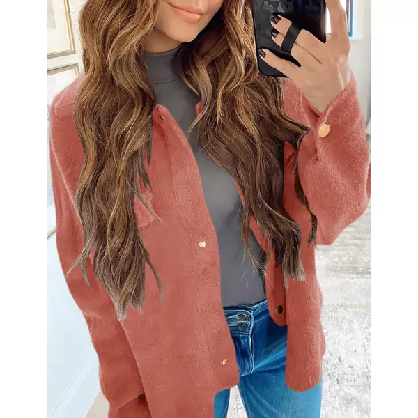 imageZESICA Womens Winter Fuzzy Fleece Jackets Warm Long Sleeve Button Shacket Coat Outwear with PocketsCoral