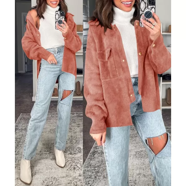 imageZESICA Womens Winter Fuzzy Fleece Jackets Warm Long Sleeve Button Shacket Coat Outwear with PocketsCoral