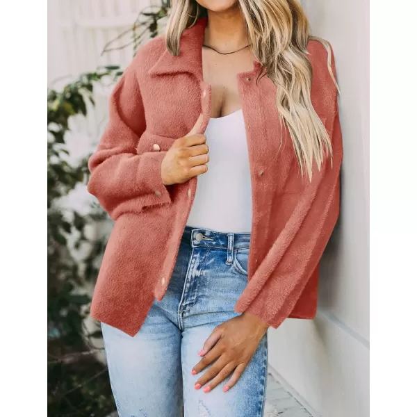 imageZESICA Womens Winter Fuzzy Fleece Jackets Warm Long Sleeve Button Shacket Coat Outwear with PocketsCoral