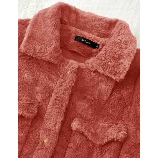 imageZESICA Womens Winter Fuzzy Fleece Jackets Warm Long Sleeve Button Shacket Coat Outwear with PocketsCoral