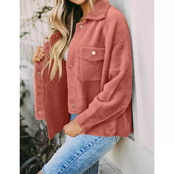 imageZESICA Womens Winter Fuzzy Fleece Jackets Warm Long Sleeve Button Shacket Coat Outwear with PocketsCoral