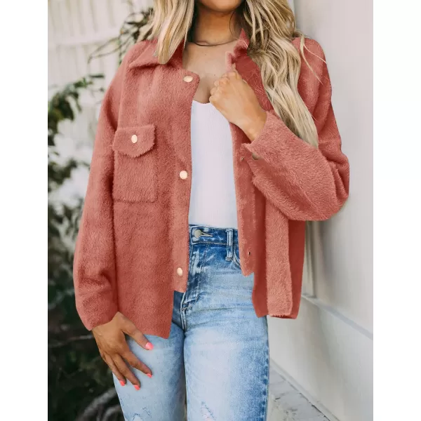 imageZESICA Womens Winter Fuzzy Fleece Jackets Warm Long Sleeve Button Shacket Coat Outwear with PocketsCoral