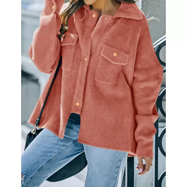 imageZESICA Womens Winter Fuzzy Fleece Jackets Warm Long Sleeve Button Shacket Coat Outwear with PocketsCoral