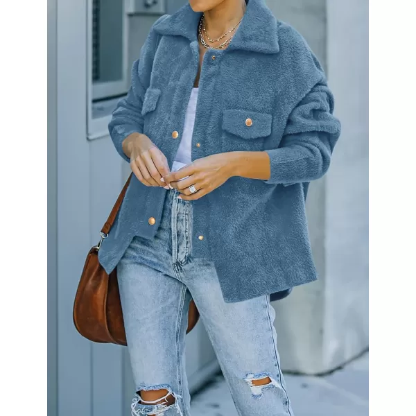imageZESICA Womens Winter Fuzzy Fleece Jackets Warm Long Sleeve Button Shacket Coat Outwear with PocketsDustyblue