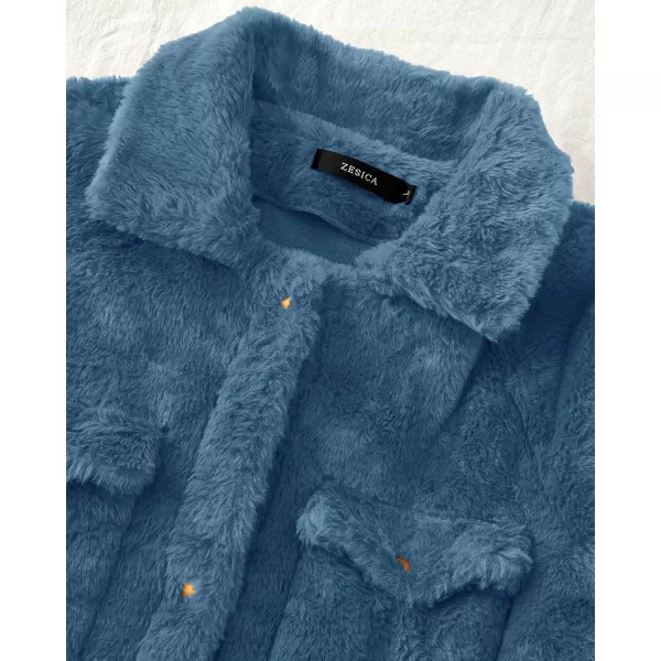 imageZESICA Womens Winter Fuzzy Fleece Jackets Warm Long Sleeve Button Shacket Coat Outwear with PocketsDustyblue