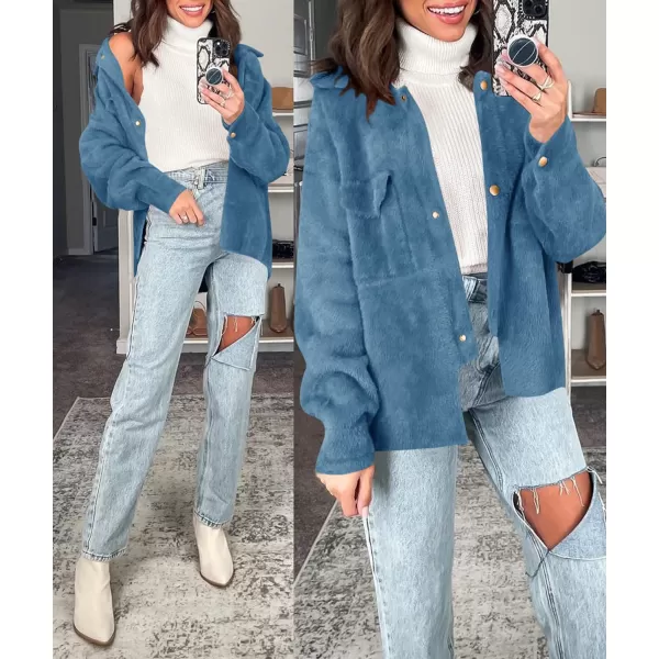 imageZESICA Womens Winter Fuzzy Fleece Jackets Warm Long Sleeve Button Shacket Coat Outwear with PocketsDustyblue