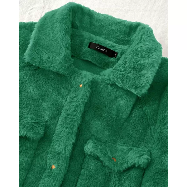 imageZESICA Womens Winter Fuzzy Fleece Jackets Warm Long Sleeve Button Shacket Coat Outwear with PocketsLakegreen