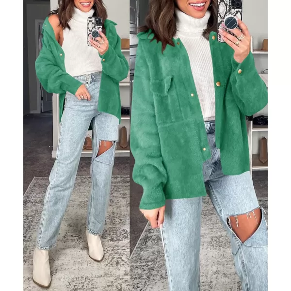 imageZESICA Womens Winter Fuzzy Fleece Jackets Warm Long Sleeve Button Shacket Coat Outwear with PocketsLakegreen