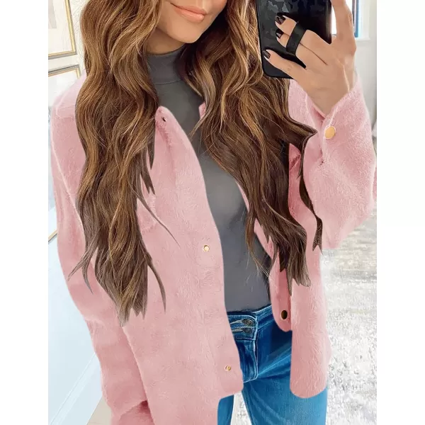 imageZESICA Womens Winter Fuzzy Fleece Jackets Warm Long Sleeve Button Shacket Coat Outwear with PocketsLightpink