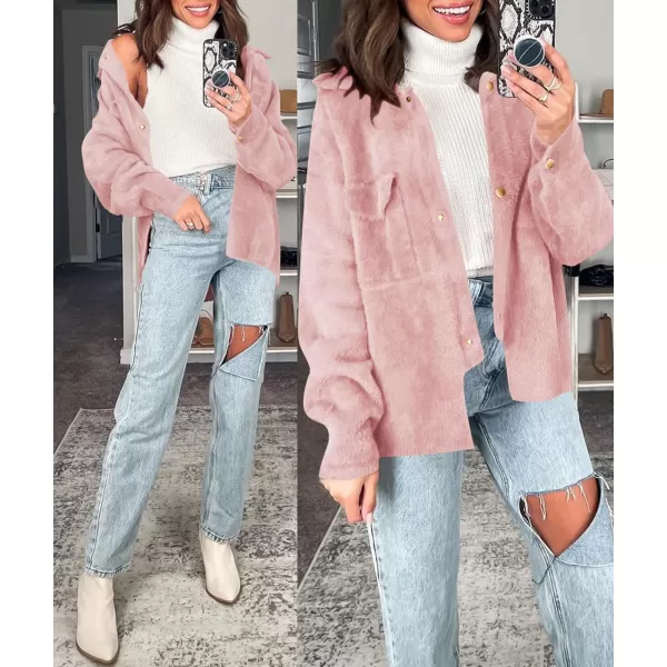 imageZESICA Womens Winter Fuzzy Fleece Jackets Warm Long Sleeve Button Shacket Coat Outwear with PocketsLightpink