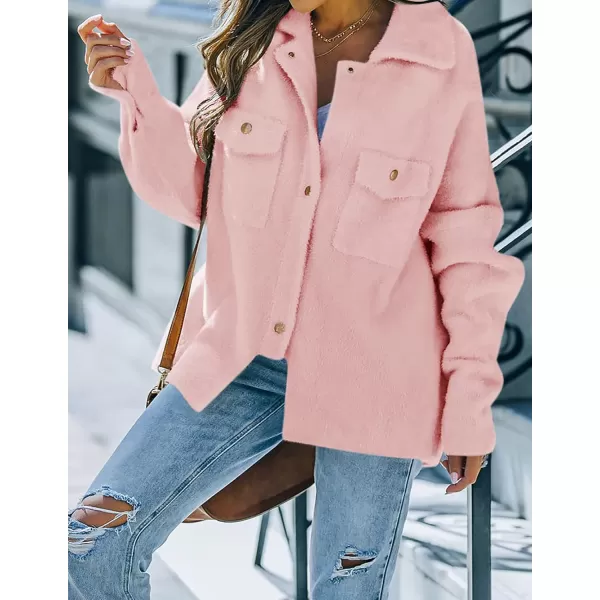 imageZESICA Womens Winter Fuzzy Fleece Jackets Warm Long Sleeve Button Shacket Coat Outwear with PocketsLightpink