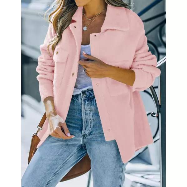 imageZESICA Womens Winter Fuzzy Fleece Jackets Warm Long Sleeve Button Shacket Coat Outwear with PocketsLightpink