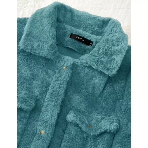 imageZESICA Womens Winter Fuzzy Fleece Jackets Warm Long Sleeve Button Shacket Coat Outwear with PocketsSage