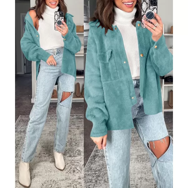 imageZESICA Womens Winter Fuzzy Fleece Jackets Warm Long Sleeve Button Shacket Coat Outwear with PocketsSage
