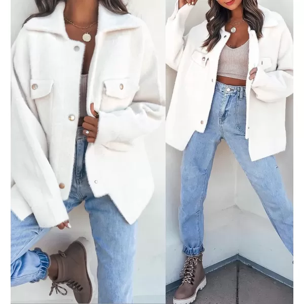 imageZESICA Womens Winter Fuzzy Fleece Jackets Warm Long Sleeve Button Shacket Coat Outwear with PocketsWhite