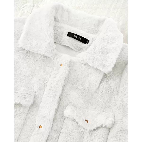 imageZESICA Womens Winter Fuzzy Fleece Jackets Warm Long Sleeve Button Shacket Coat Outwear with PocketsWhite