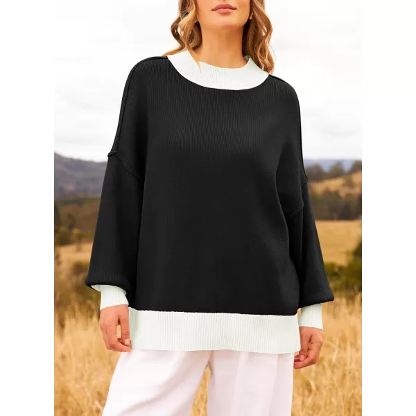 imageZESICA Womens Winter Oversized Sweaters Long Sleeve Color Block Mock Neck Side Slit Comfy Loose Knitted Pullover TopsBlack