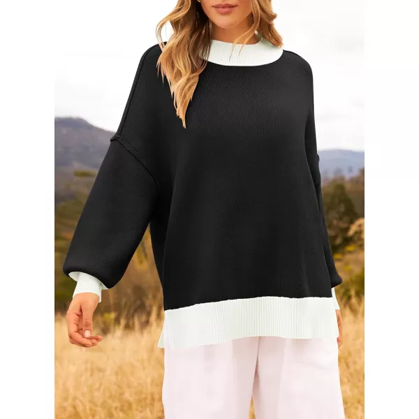 imageZESICA Womens Winter Oversized Sweaters Long Sleeve Color Block Mock Neck Side Slit Comfy Loose Knitted Pullover TopsBlack