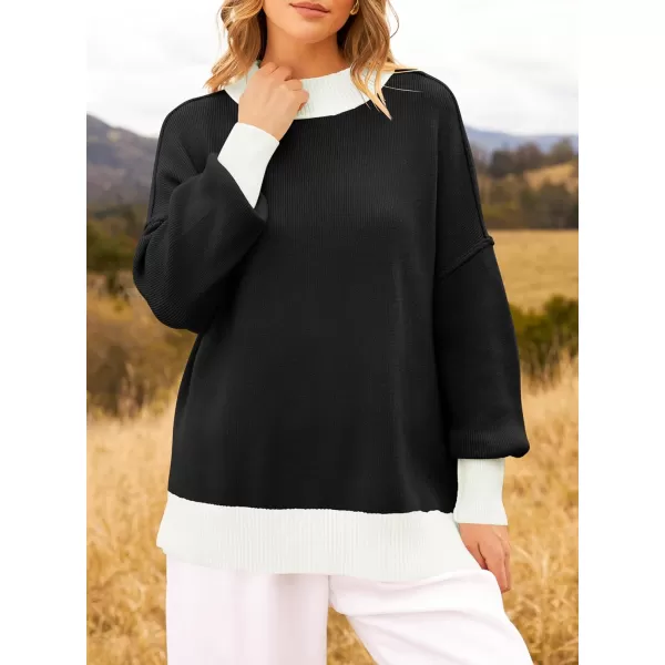 imageZESICA Womens Winter Oversized Sweaters Long Sleeve Color Block Mock Neck Side Slit Comfy Loose Knitted Pullover TopsBlack