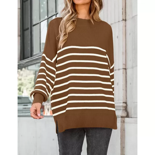 imageZESICA Womens Winter Oversized Sweaters Long Sleeve Color Block Mock Neck Side Slit Comfy Loose Knitted Pullover TopsBrown