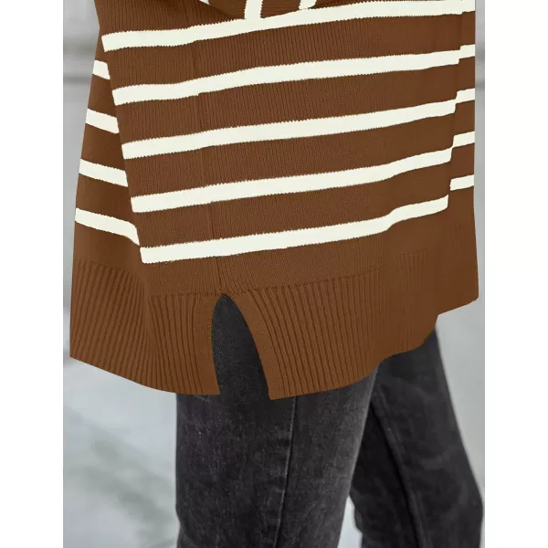 imageZESICA Womens Winter Oversized Sweaters Long Sleeve Color Block Mock Neck Side Slit Comfy Loose Knitted Pullover TopsBrown