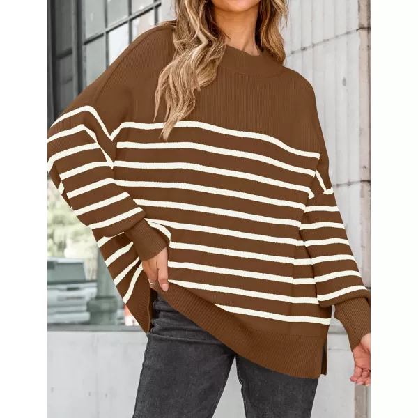 imageZESICA Womens Winter Oversized Sweaters Long Sleeve Color Block Mock Neck Side Slit Comfy Loose Knitted Pullover TopsBrown