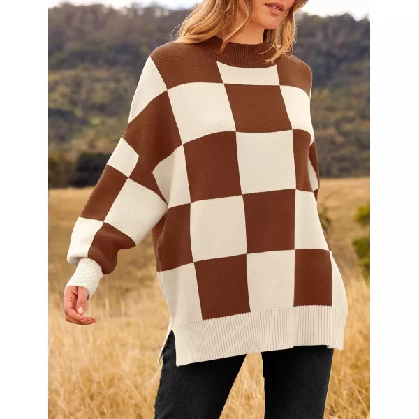 imageZESICA Womens Winter Oversized Sweaters Long Sleeve Color Block Mock Neck Side Slit Comfy Loose Knitted Pullover TopsCaramel