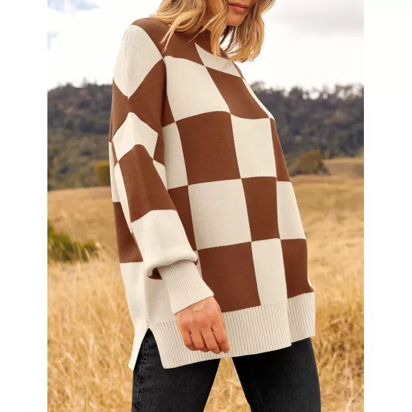 imageZESICA Womens Winter Oversized Sweaters Long Sleeve Color Block Mock Neck Side Slit Comfy Loose Knitted Pullover TopsCaramel