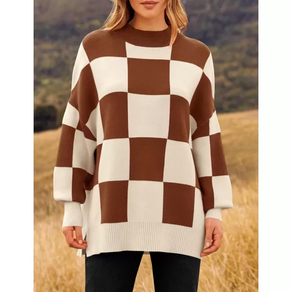 imageZESICA Womens Winter Oversized Sweaters Long Sleeve Color Block Mock Neck Side Slit Comfy Loose Knitted Pullover TopsCaramel