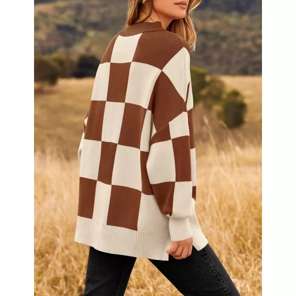 imageZESICA Womens Winter Oversized Sweaters Long Sleeve Color Block Mock Neck Side Slit Comfy Loose Knitted Pullover TopsCaramel