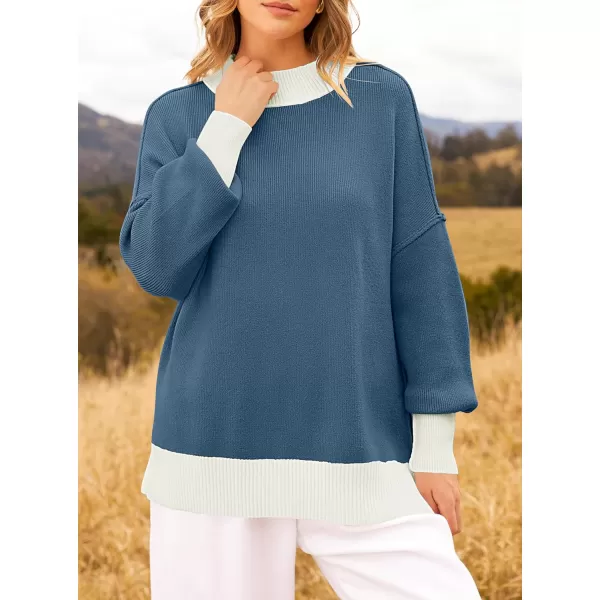 imageZESICA Womens Winter Oversized Sweaters Long Sleeve Color Block Mock Neck Side Slit Comfy Loose Knitted Pullover TopsDark Blue