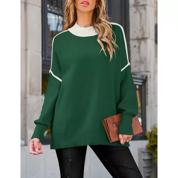 imageZESICA Womens Winter Oversized Sweaters Long Sleeve Color Block Mock Neck Side Slit Comfy Loose Knitted Pullover TopsDark Green