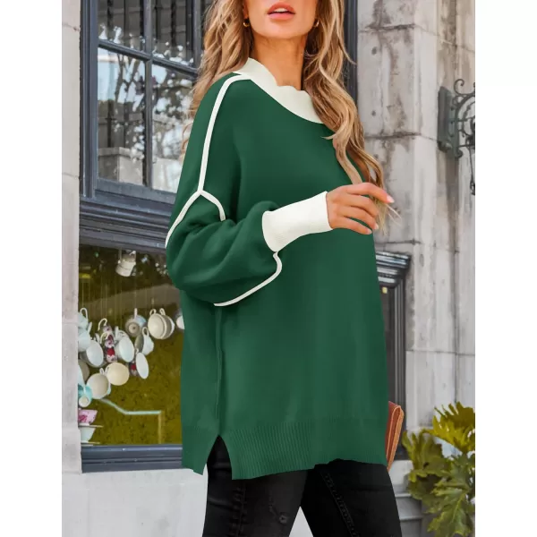 imageZESICA Womens Winter Oversized Sweaters Long Sleeve Color Block Mock Neck Side Slit Comfy Loose Knitted Pullover TopsDark Green