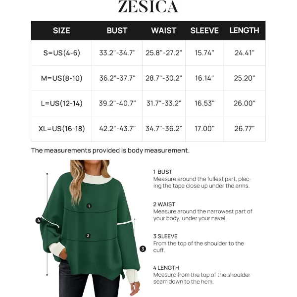 imageZESICA Womens Winter Oversized Sweaters Long Sleeve Color Block Mock Neck Side Slit Comfy Loose Knitted Pullover TopsDark Green