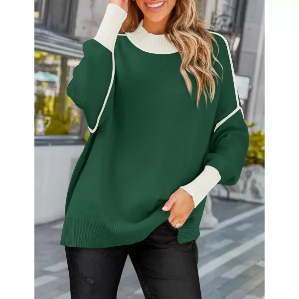 imageZESICA Womens Winter Oversized Sweaters Long Sleeve Color Block Mock Neck Side Slit Comfy Loose Knitted Pullover TopsDark Green
