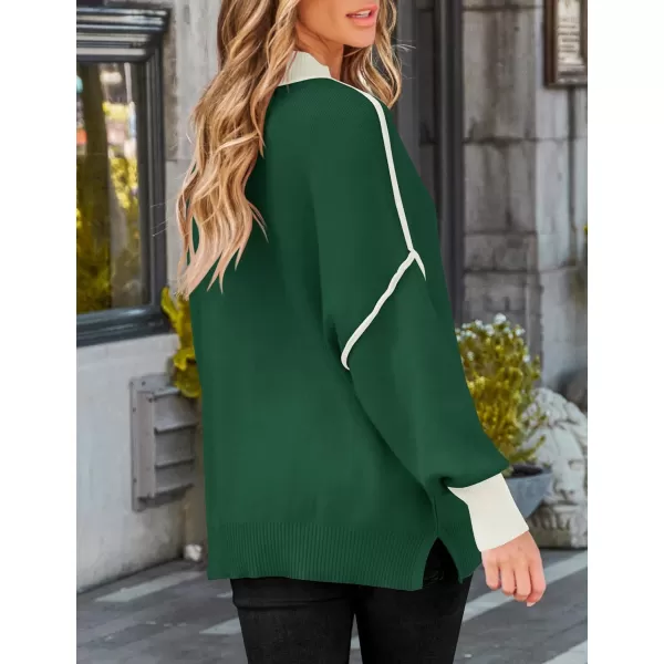imageZESICA Womens Winter Oversized Sweaters Long Sleeve Color Block Mock Neck Side Slit Comfy Loose Knitted Pullover TopsDark Green