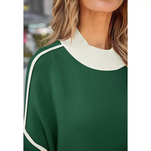imageZESICA Womens Winter Oversized Sweaters Long Sleeve Color Block Mock Neck Side Slit Comfy Loose Knitted Pullover TopsDark Green