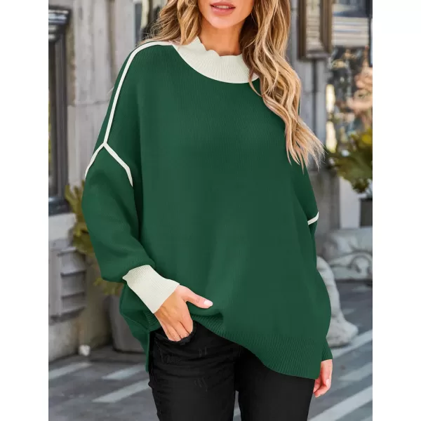 imageZESICA Womens Winter Oversized Sweaters Long Sleeve Color Block Mock Neck Side Slit Comfy Loose Knitted Pullover TopsDark Green