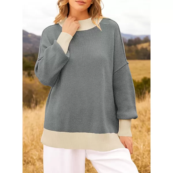 imageZESICA Womens Winter Oversized Sweaters Long Sleeve Color Block Mock Neck Side Slit Comfy Loose Knitted Pullover TopsDark Grey