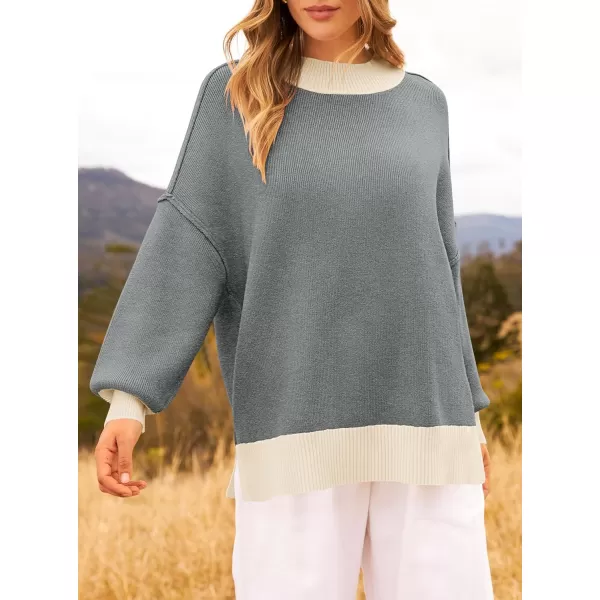 imageZESICA Womens Winter Oversized Sweaters Long Sleeve Color Block Mock Neck Side Slit Comfy Loose Knitted Pullover TopsDark Grey