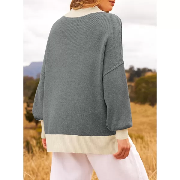 imageZESICA Womens Winter Oversized Sweaters Long Sleeve Color Block Mock Neck Side Slit Comfy Loose Knitted Pullover TopsDark Grey
