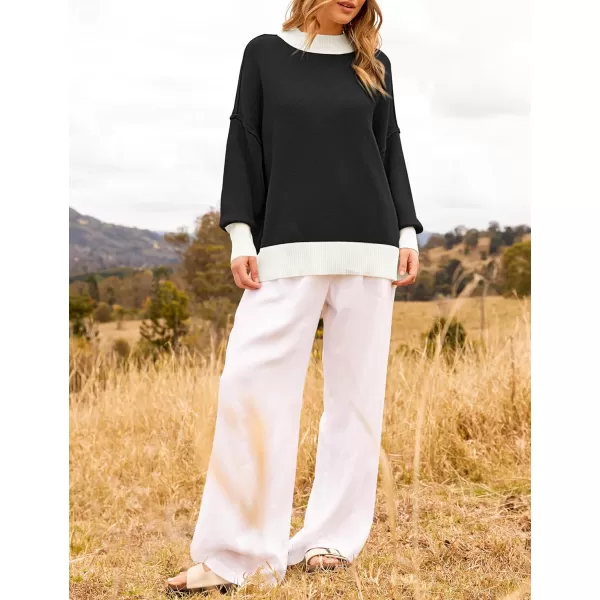imageZESICA Womens Winter Oversized Sweaters Long Sleeve Color Block Mock Neck Side Slit Comfy Loose Knitted Pullover TopsDim