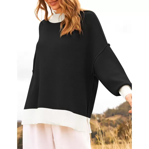 imageZESICA Womens Winter Oversized Sweaters Long Sleeve Color Block Mock Neck Side Slit Comfy Loose Knitted Pullover TopsDim
