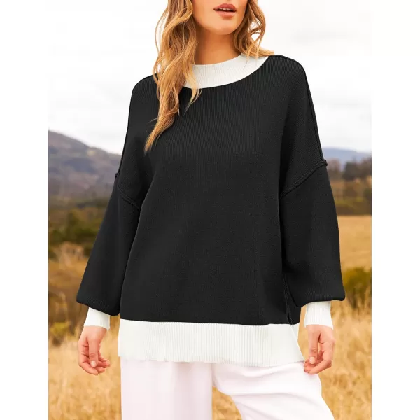 imageZESICA Womens Winter Oversized Sweaters Long Sleeve Color Block Mock Neck Side Slit Comfy Loose Knitted Pullover TopsDim