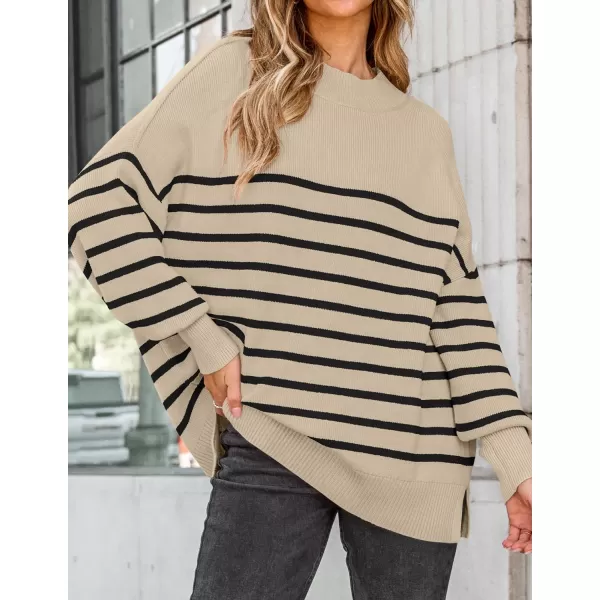 imageZESICA Womens Winter Oversized Sweaters Long Sleeve Color Block Mock Neck Side Slit Comfy Loose Knitted Pullover TopsKhaki