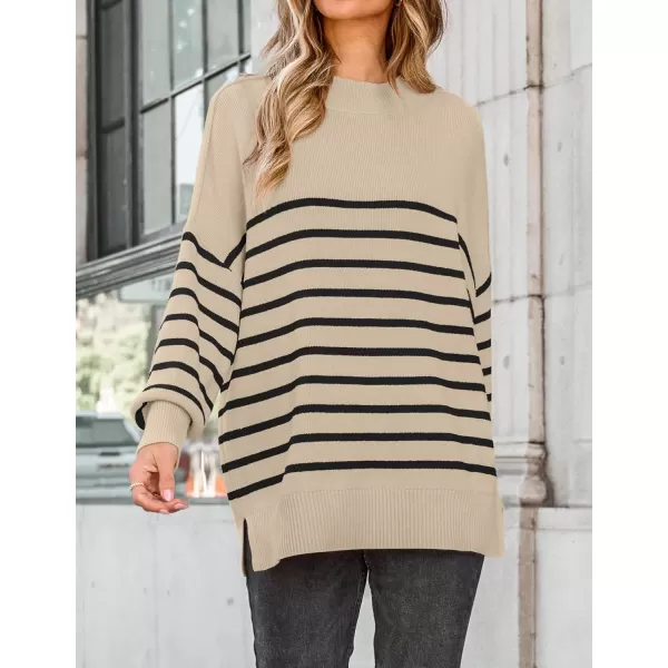 imageZESICA Womens Winter Oversized Sweaters Long Sleeve Color Block Mock Neck Side Slit Comfy Loose Knitted Pullover TopsKhaki