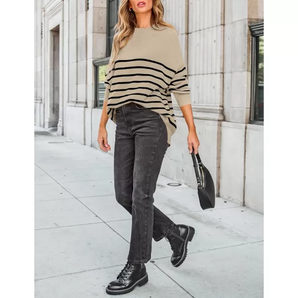 imageZESICA Womens Winter Oversized Sweaters Long Sleeve Color Block Mock Neck Side Slit Comfy Loose Knitted Pullover TopsKhaki