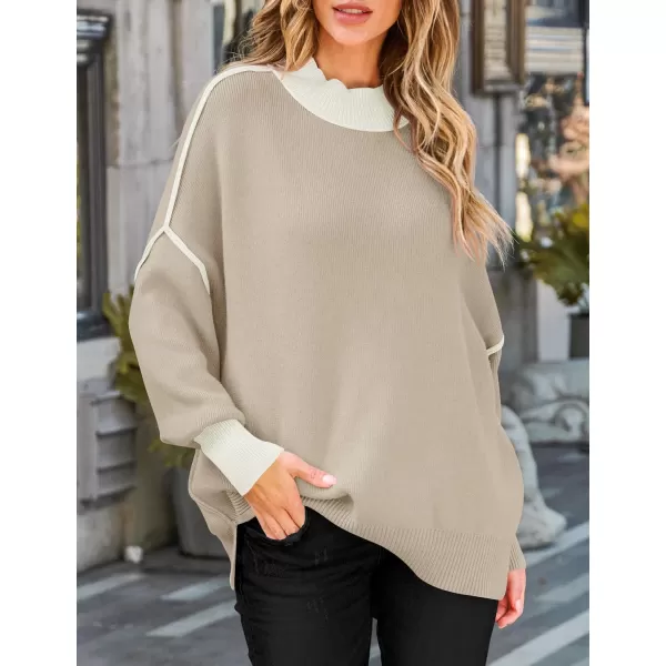 imageZESICA Womens Winter Oversized Sweaters Long Sleeve Color Block Mock Neck Side Slit Comfy Loose Knitted Pullover TopsOatmeal