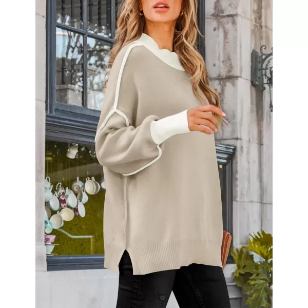 imageZESICA Womens Winter Oversized Sweaters Long Sleeve Color Block Mock Neck Side Slit Comfy Loose Knitted Pullover TopsOatmeal
