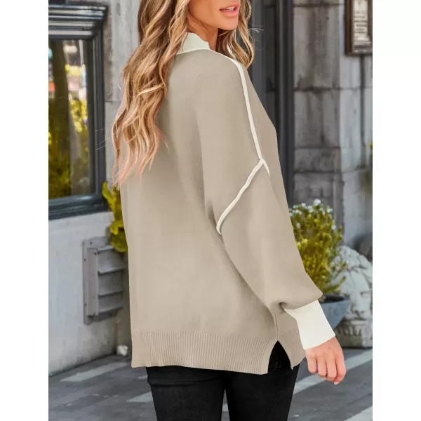 imageZESICA Womens Winter Oversized Sweaters Long Sleeve Color Block Mock Neck Side Slit Comfy Loose Knitted Pullover TopsOatmeal